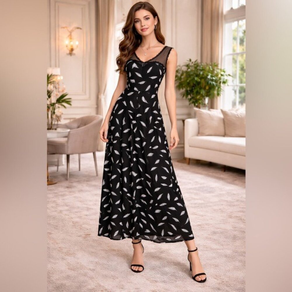 Effie’s Heart Baby Doll Dress Black Feather Print Mesh Y2K Indie Size Medium - Picture 2 of 13